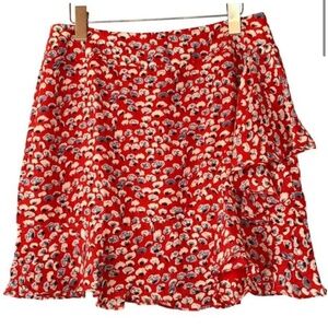 Eclair Poppy Print Flowy Skirt Large Red Short Ruffle Trim Career Floral NWOT